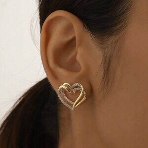 Heart Stud Earrings,Stainless Double Layers Cubic Zirconia Statement Earring